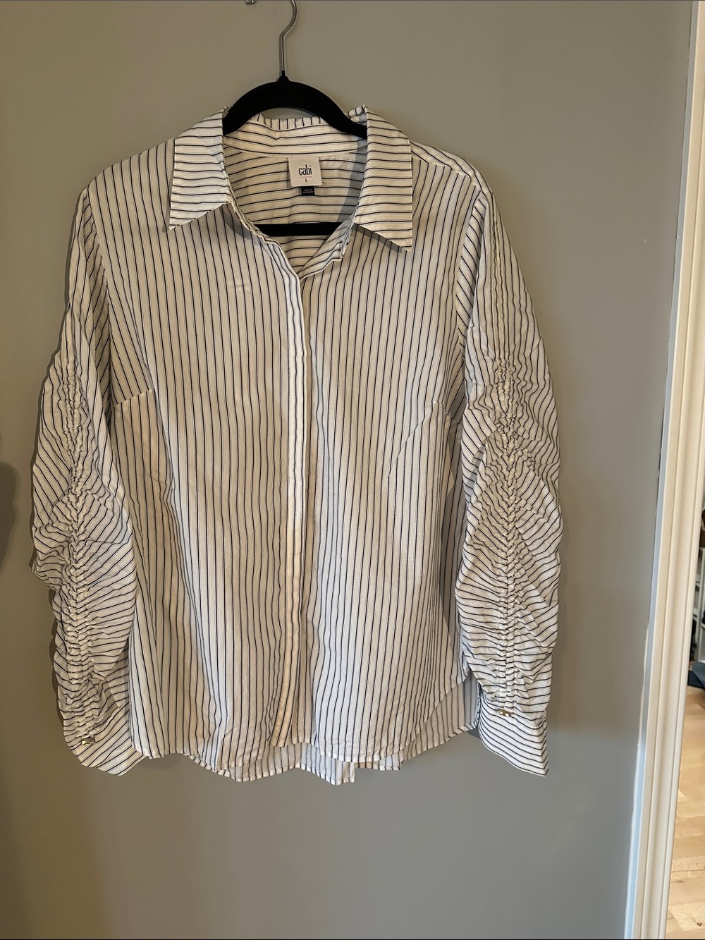 CAbi White Shirt with Boack Pinstripes and Ruched Sleeves